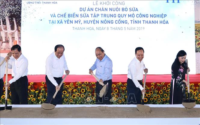 Thủ tướng Nguyễn Xuân Phúc và các đại biểu thực hiện nghi thức khởi công dự án chăn nuôi bò sữa và chế biến sữa tập trung quy mô công nghiệp. Ảnh: Thống Nhất/TTXVN